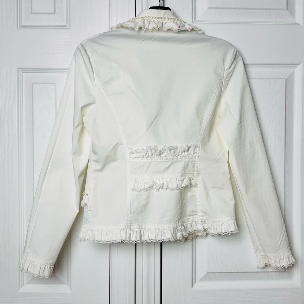 Kelly USA Vintage Ivory Pearl Trim Ruffle Blazer Cottagecore Jacket Size Medium - Picture 3 of 13